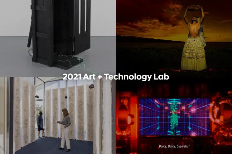 2021 Art + Technology Lab featuring different interactive installations and an outdoor sculpture.