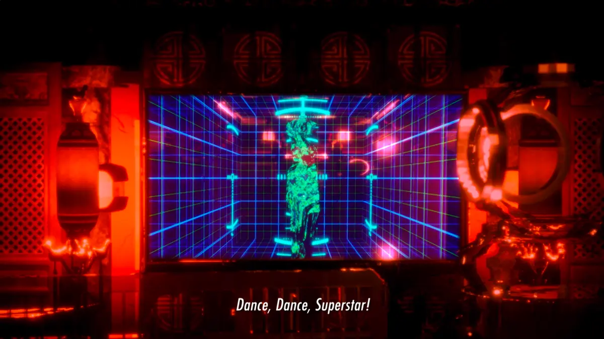 A 3D graphic still shot from the film "AIDOL" by Lawrence Lek in 2019, showcasing a series of intricate grid patterns. The image features the caption "Dance, Dance, Superstar!".