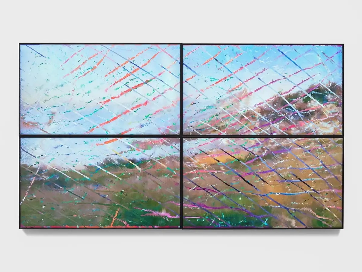 An artwork reflecting a natural landscape with sky, overlaid with multi-colored lines.