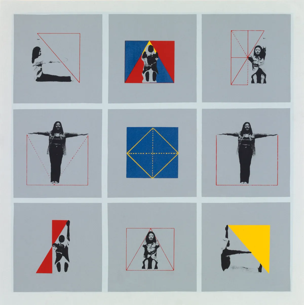 A grid of nine square images displaying a person in various poses rendered in black and white or in negative effect, and geometric shapes in red, yellow, or blue, with certain images featuring dashed lines. The central image showcases a diamond shape enclosed in a yellow-bordered blue square.