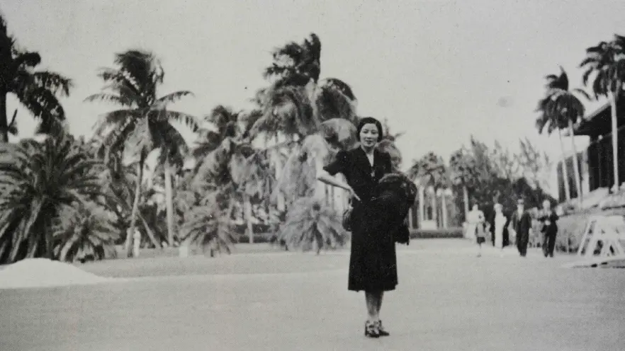 A vintage black and white photograph depicts a person posing in front of towering palm trees.