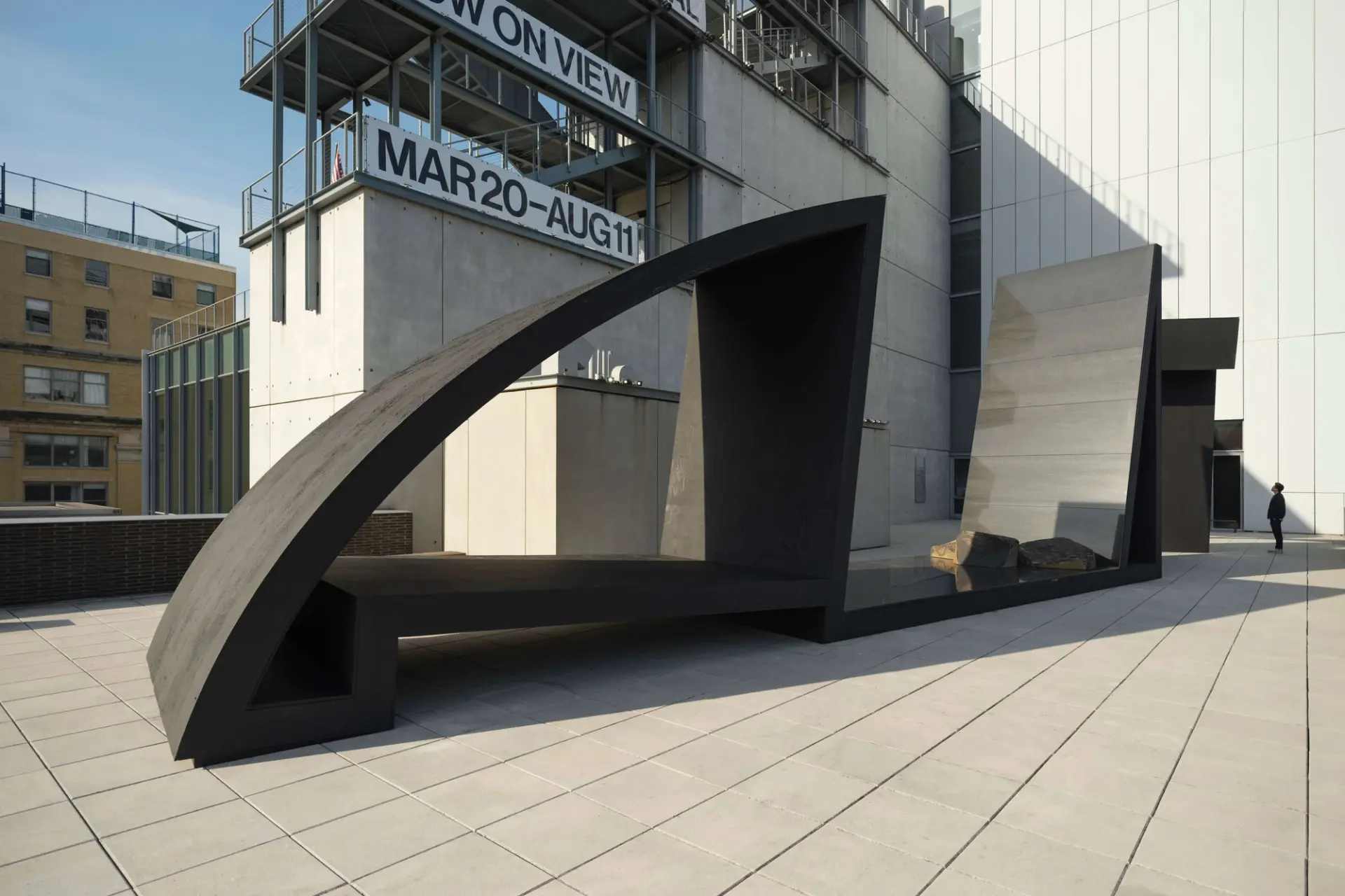 A view of a large-scale, geometric sculpture, part of Torkwase Dyson's Hyundai Terrace Commission installation at the Whit...