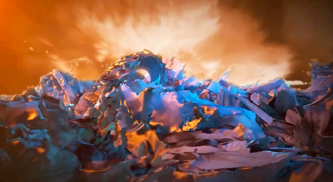 Depiction of a fiery geological phenomenon under a cloudy sky in a landscape setting.