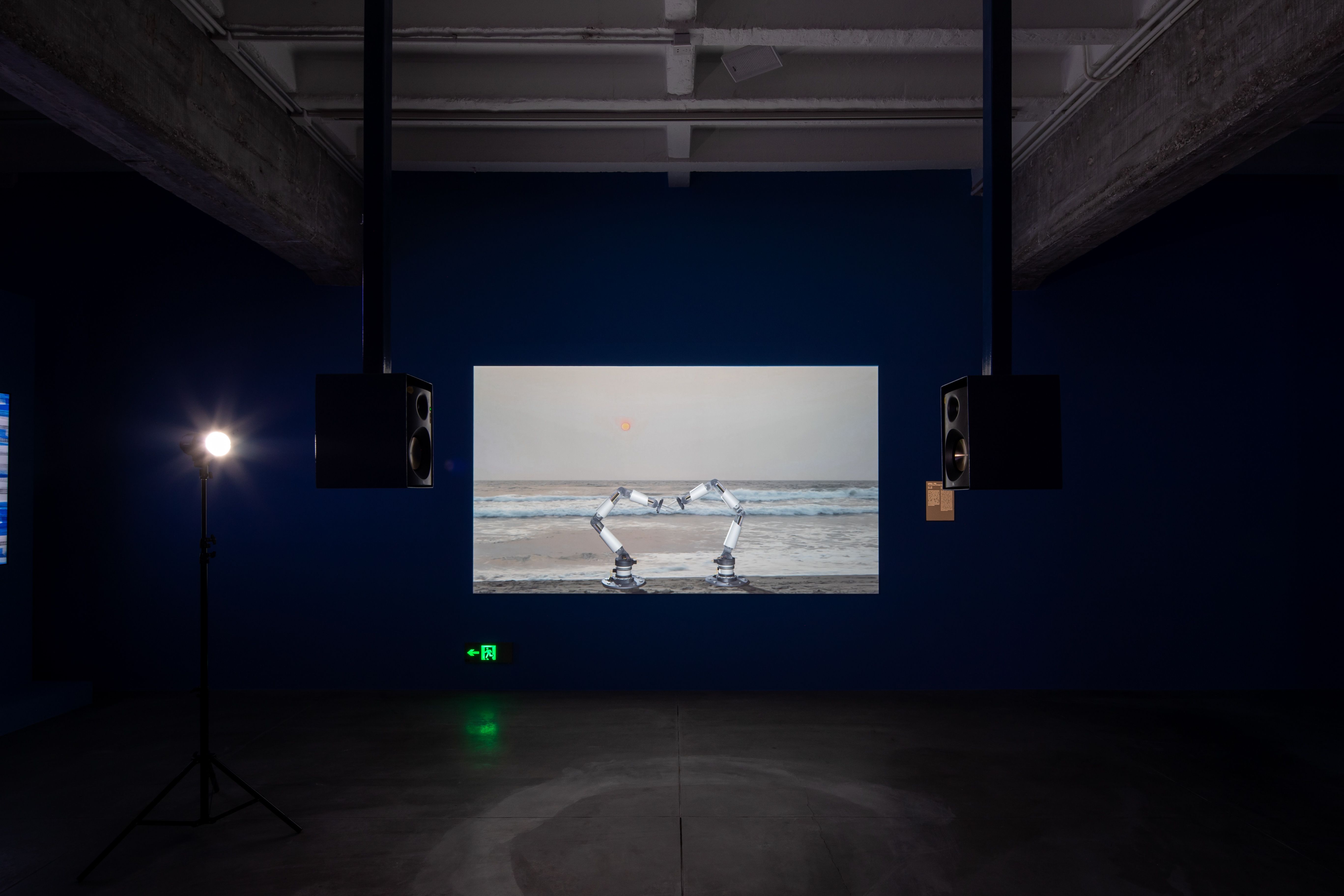 Gallery display with a screen showing mechanical arms on a beach between speakers.