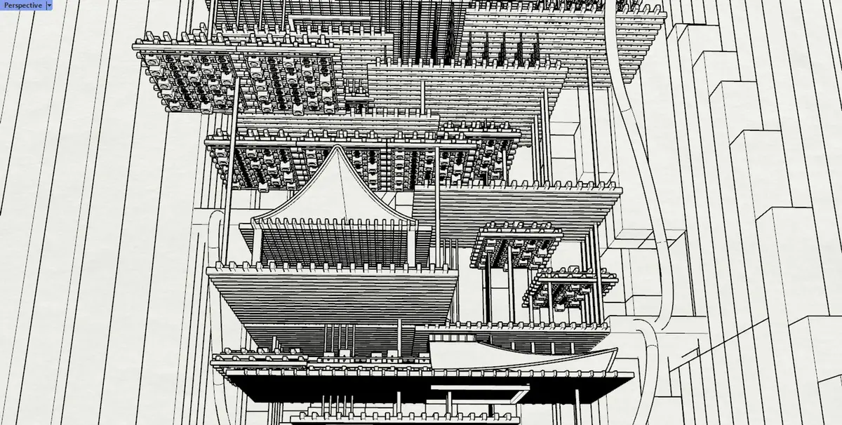 A black and white architectural sketch depicts a multi-level building with intricate detailing and varying floor heights.