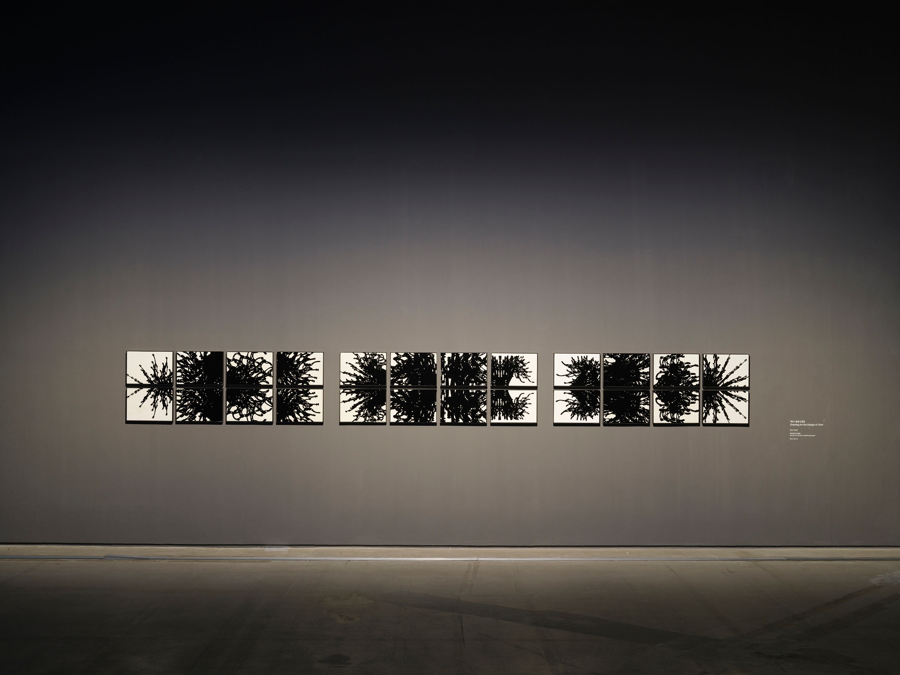 A row of twelve black and white images, each featuring undefined shapes, neatly divided into quarters.