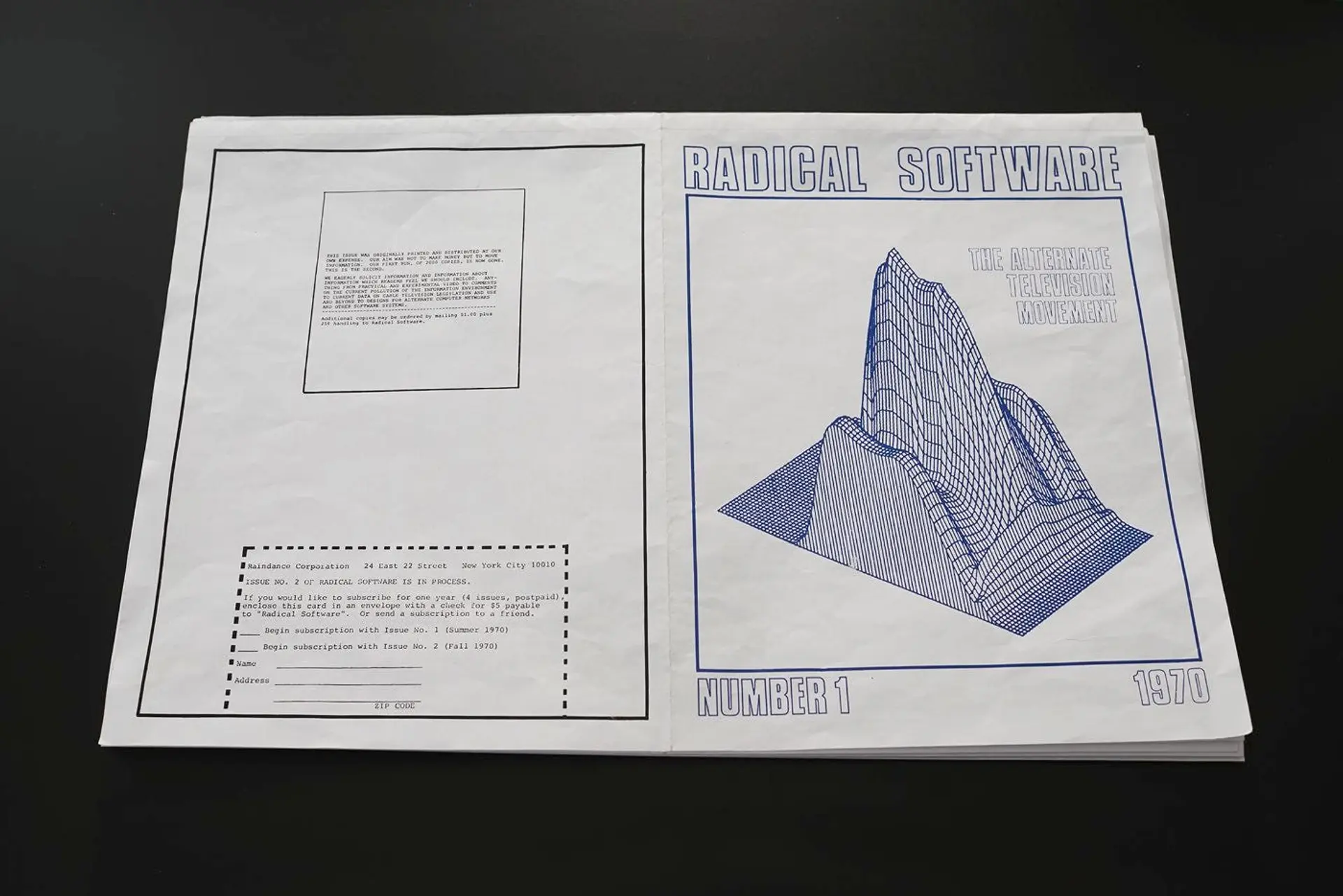 A double-page spread of Radical Software magazine, Issue 1 (1970). The right page shows a 3D graph rendered in blue lines with the title "RADICAL SOFTWARE: The Alternate Television Movement." The left page includes a subscription form and introductory note in typewritten text.