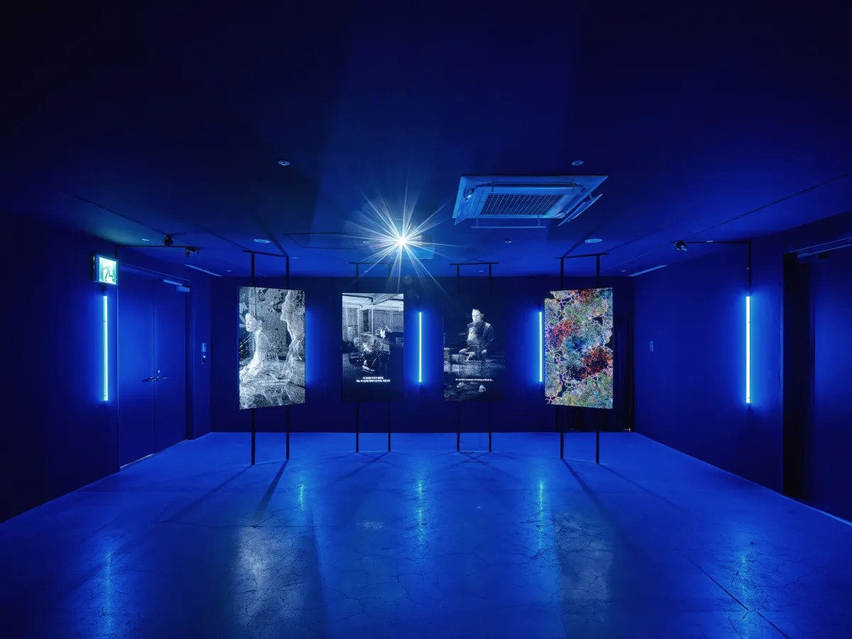 A dark room illuminated by soft blue lights houses an exhibition of four works: three monochrome posters and one colorful piece.