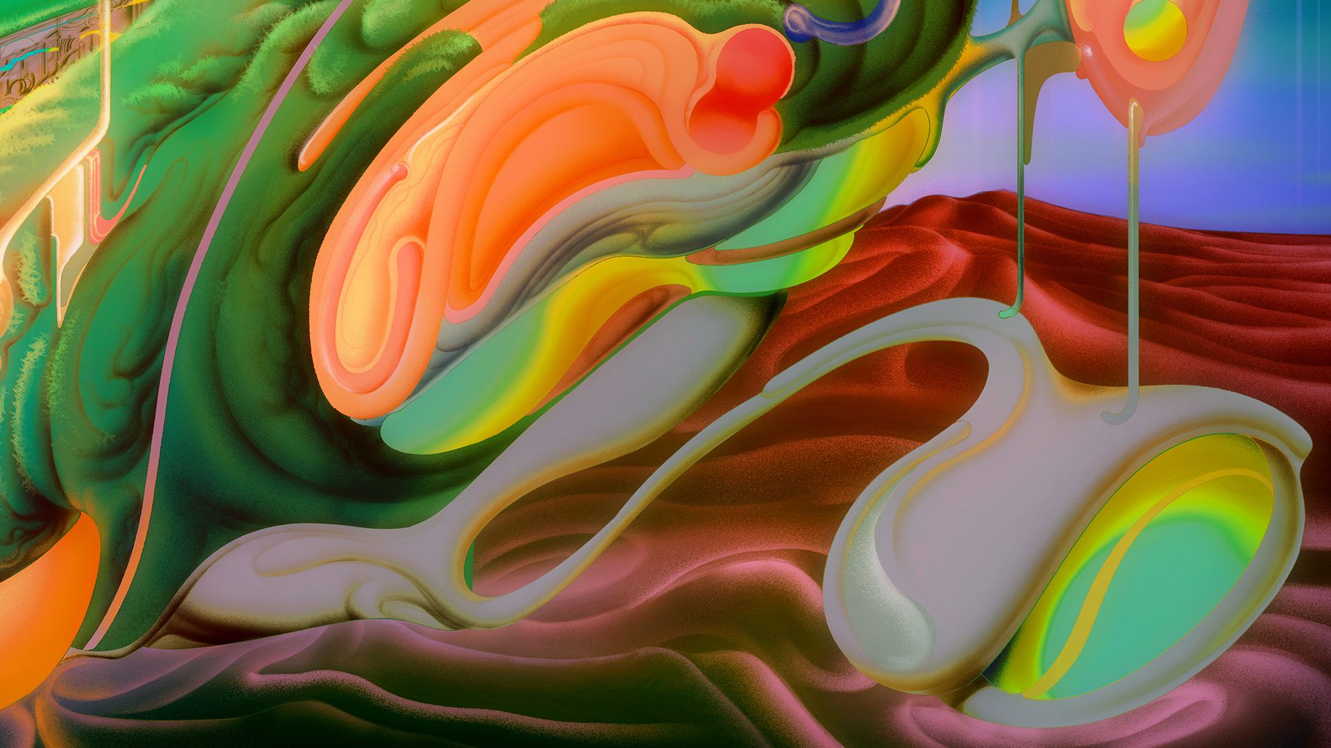 A vibrant painting showcasing nature-inspired patterns with swirling green and orange paint strokes.