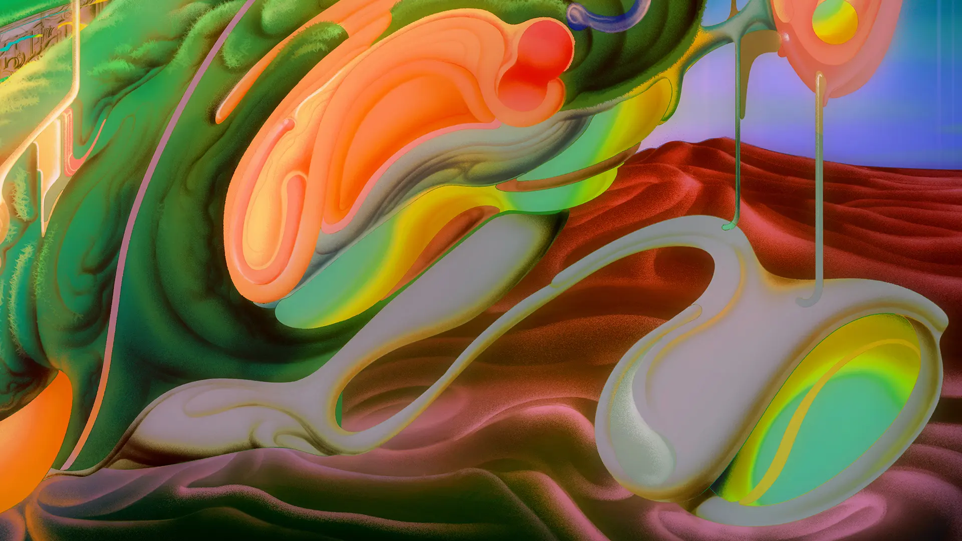 A vibrant painting showcasing nature-inspired patterns with swirling green and orange paint strokes.