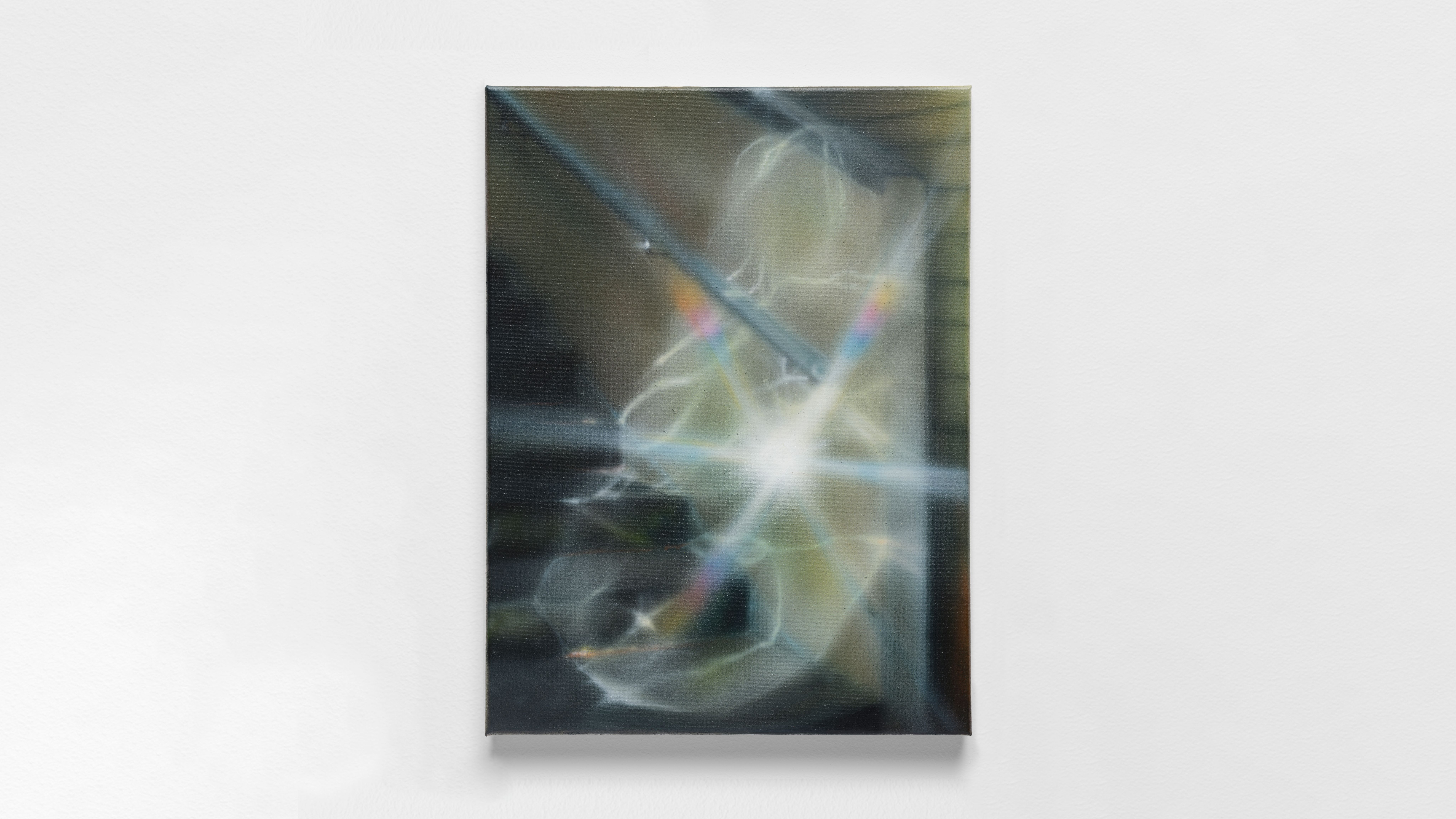 Abstract painting with blurred geometric lines and soft light refractions in a dark palette, creating a dynamic and ethere...