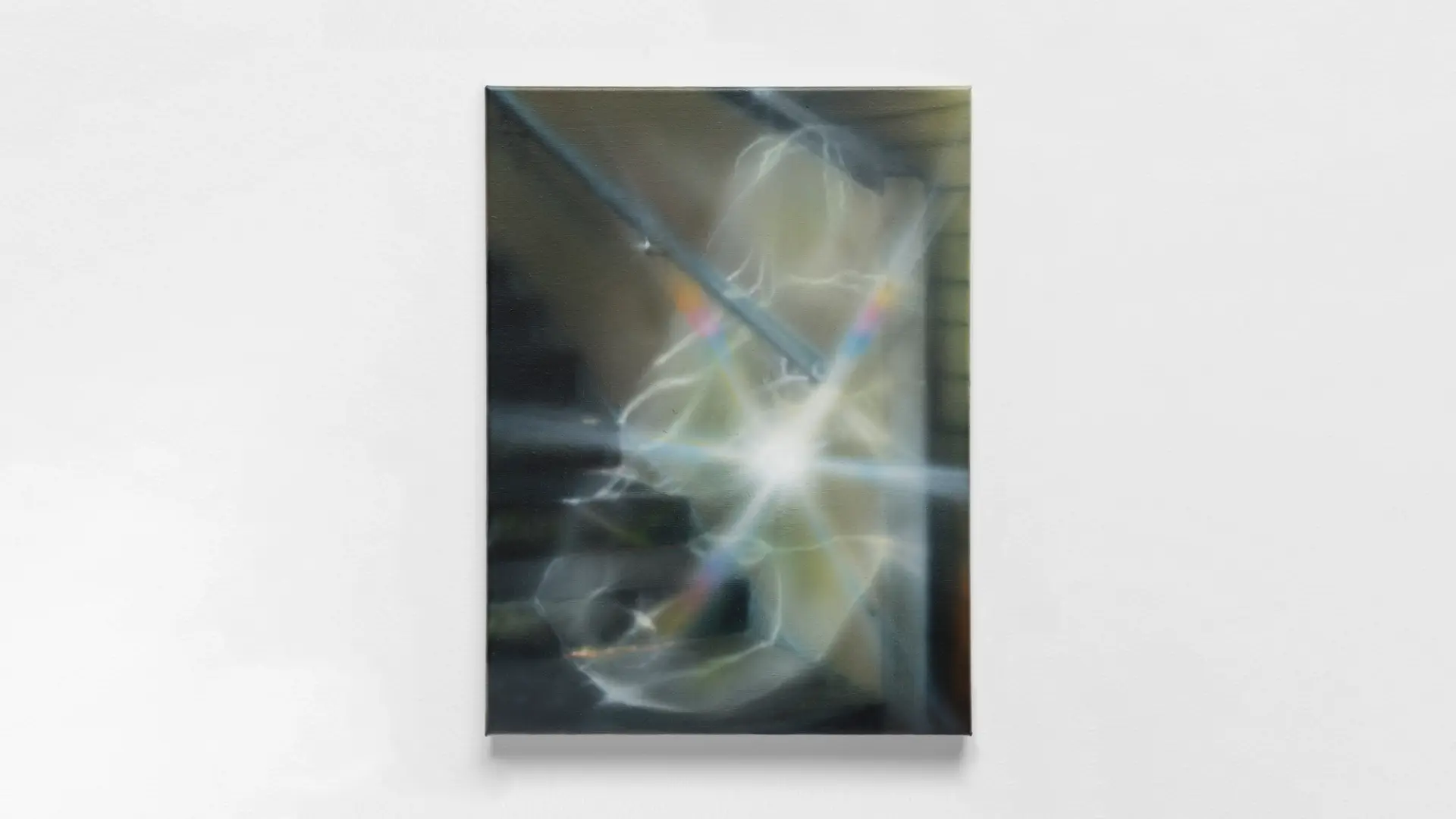 Abstract painting with blurred geometric lines and soft light refractions in a dark palette, creating a dynamic and ethere...