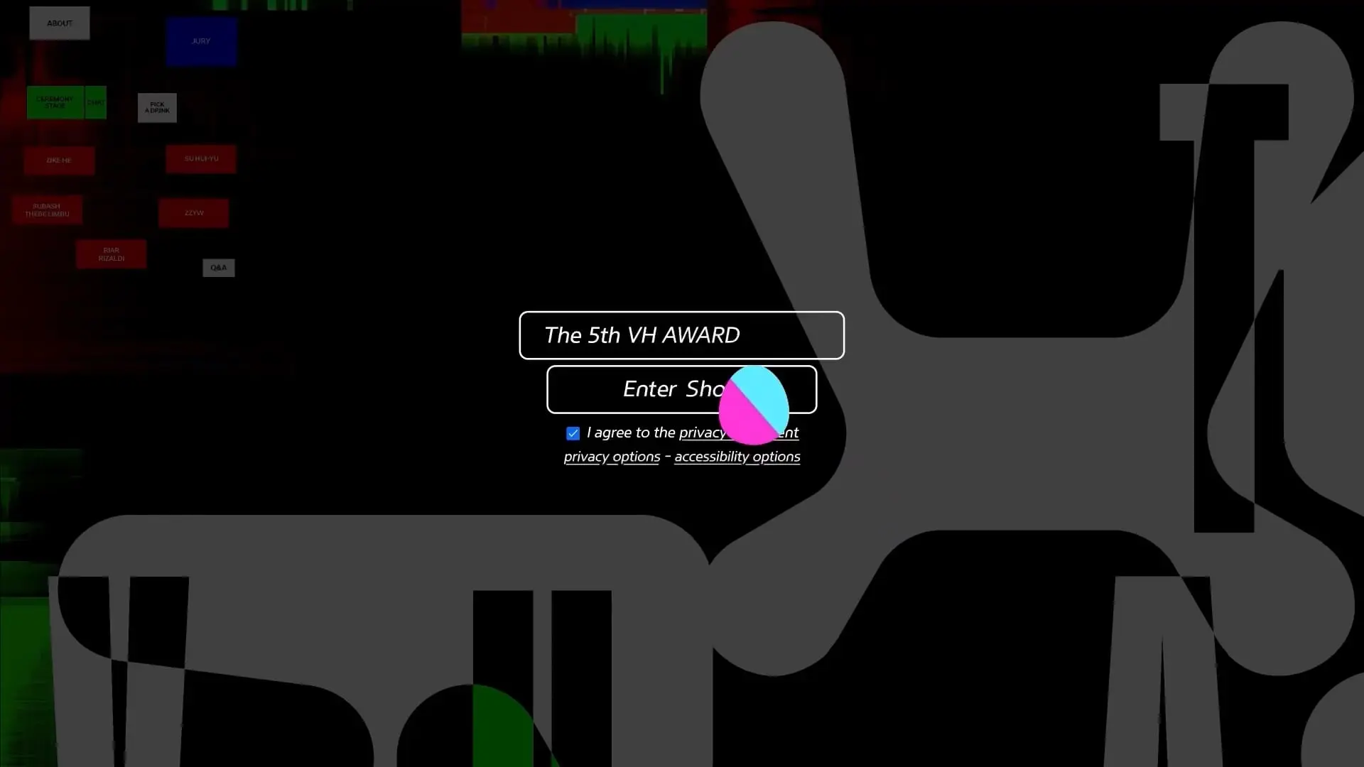 A graphic overlay with text "The 5th VH AWARD" and "Enter Show" over a glitched, abstract background.