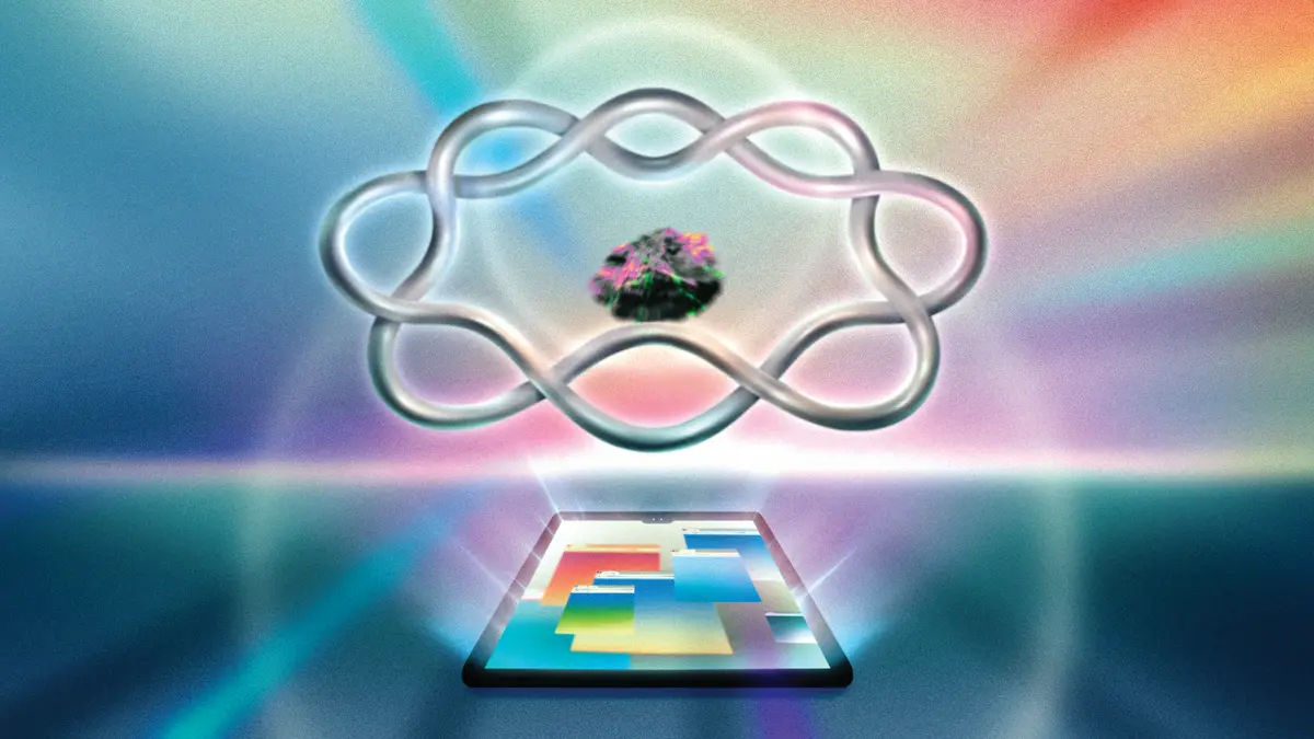 An illustration showcasing a stone encircled by a ring, floating above a tablet displaying vibrant windows, set against a colorful backdrop.