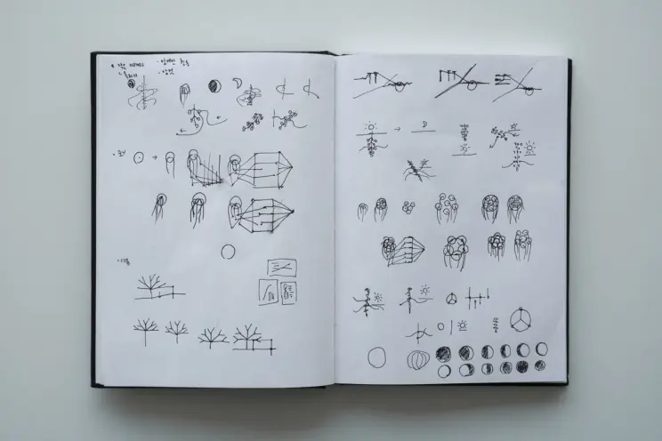 Two sketchbook pages with abstract diagrams, geometric shapes, and symbols resembling phases or cycles, accompanied by handwritten notes in Korean.