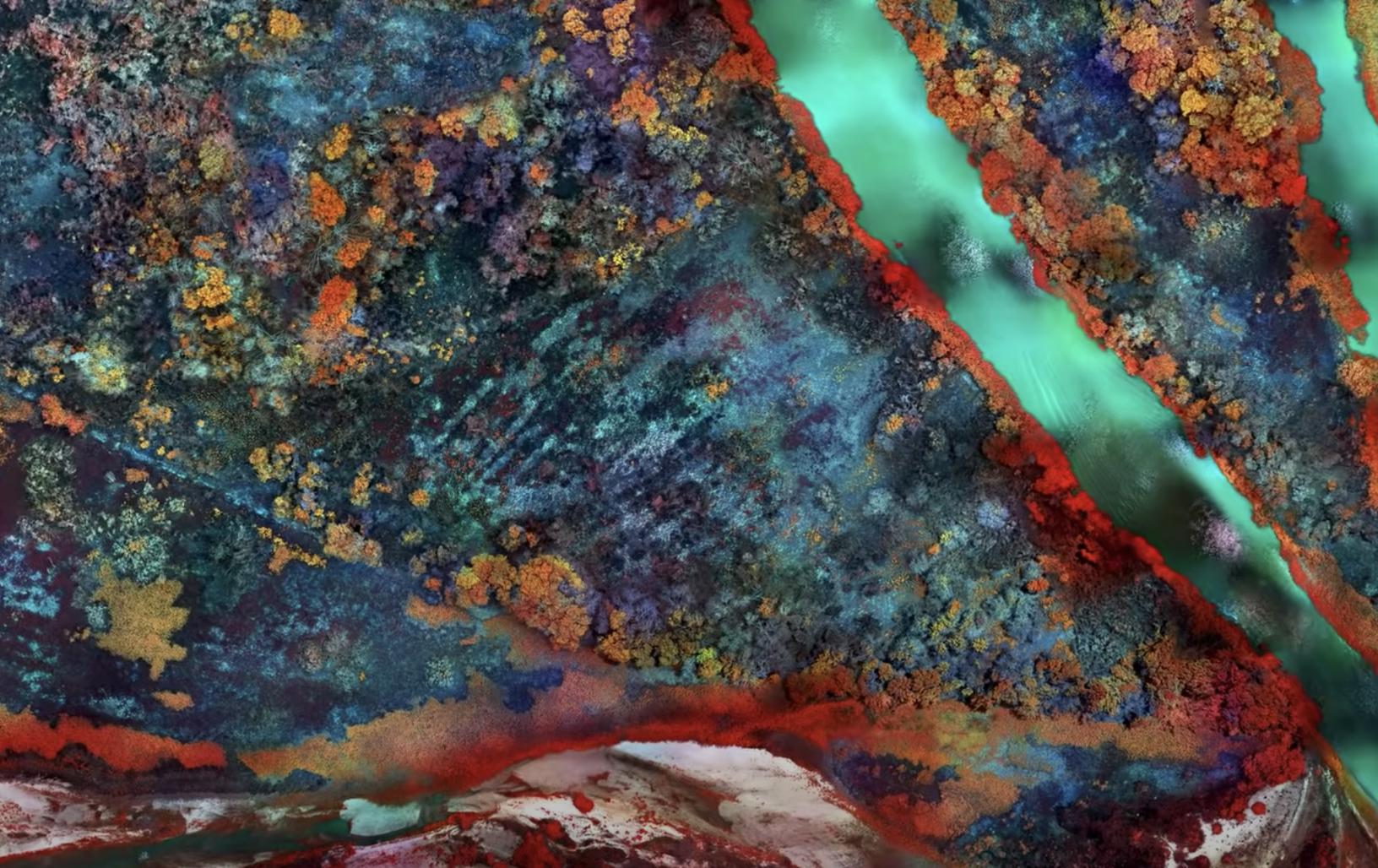 A vibrant artwork displays an aerial view of a land bathed in autumn hues, dissected by two sinuous rivers. The land is sp...