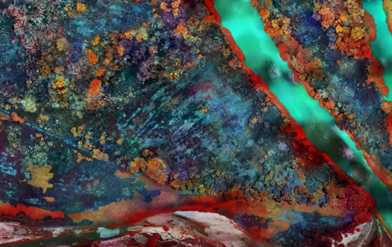 A vibrant artwork displays an aerial view of a land bathed in autumn hues, dissected by two sinuous rivers. The land is sp...