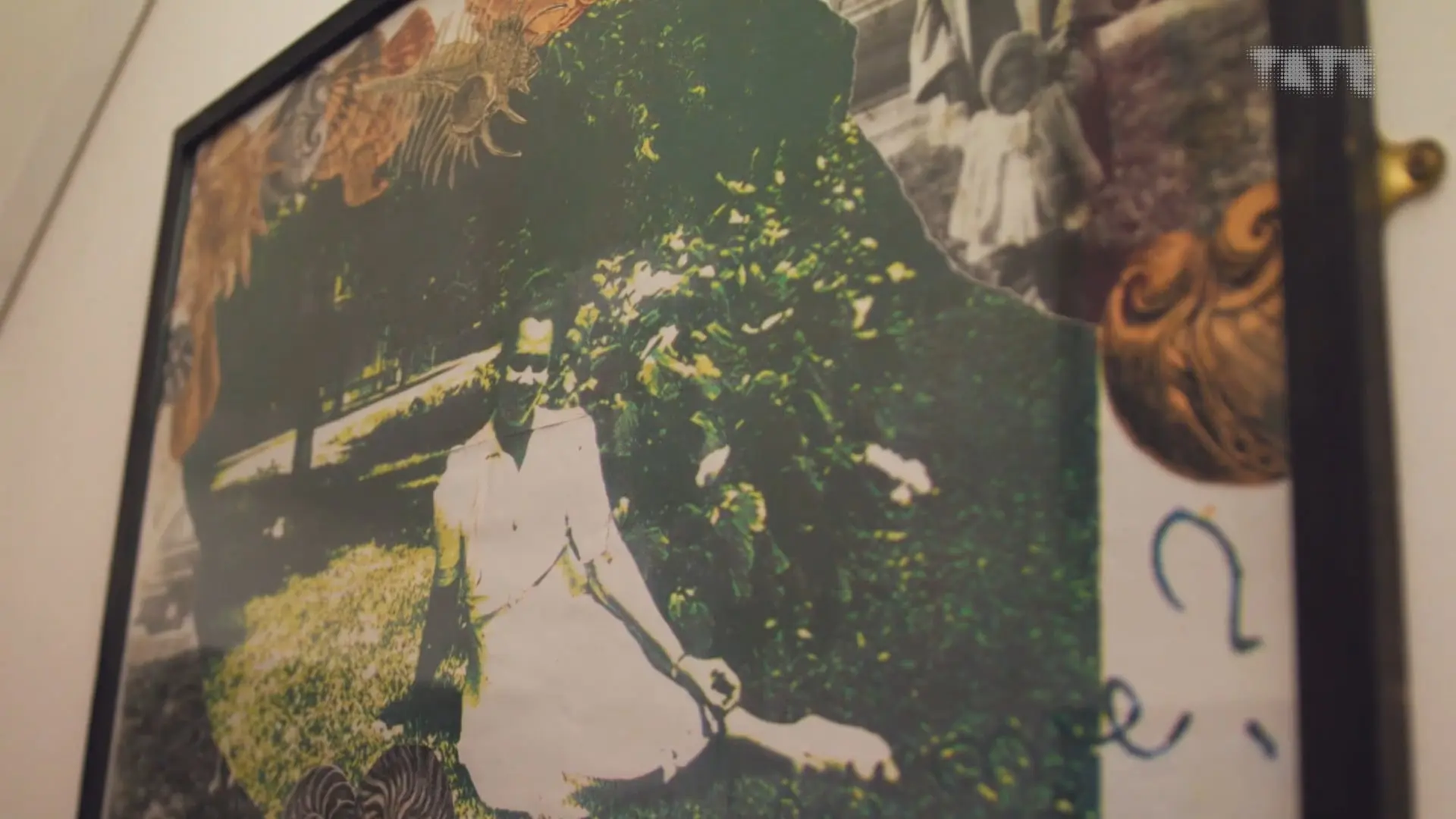 A vintage photograph with areas of color deterioration, featuring a person sitting in a sunlit garden, bordered by surreal...