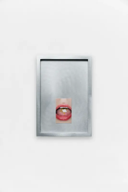 A small photograph of a mouth with a tab on the tongue, centered within a brushed metal frame on a white wall.