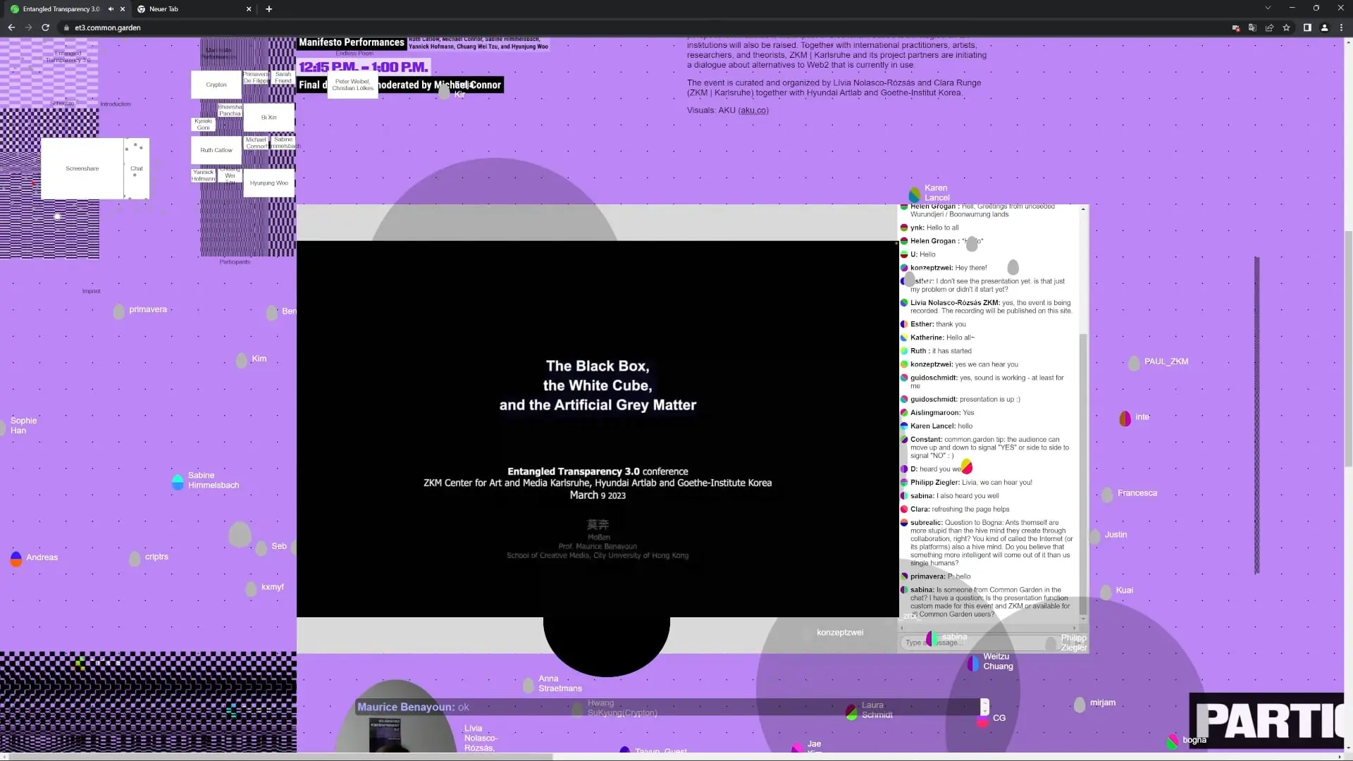 Online conference interface with a lecture titled "The Black Box, the White Cube, and the Artificial Grey Matter."