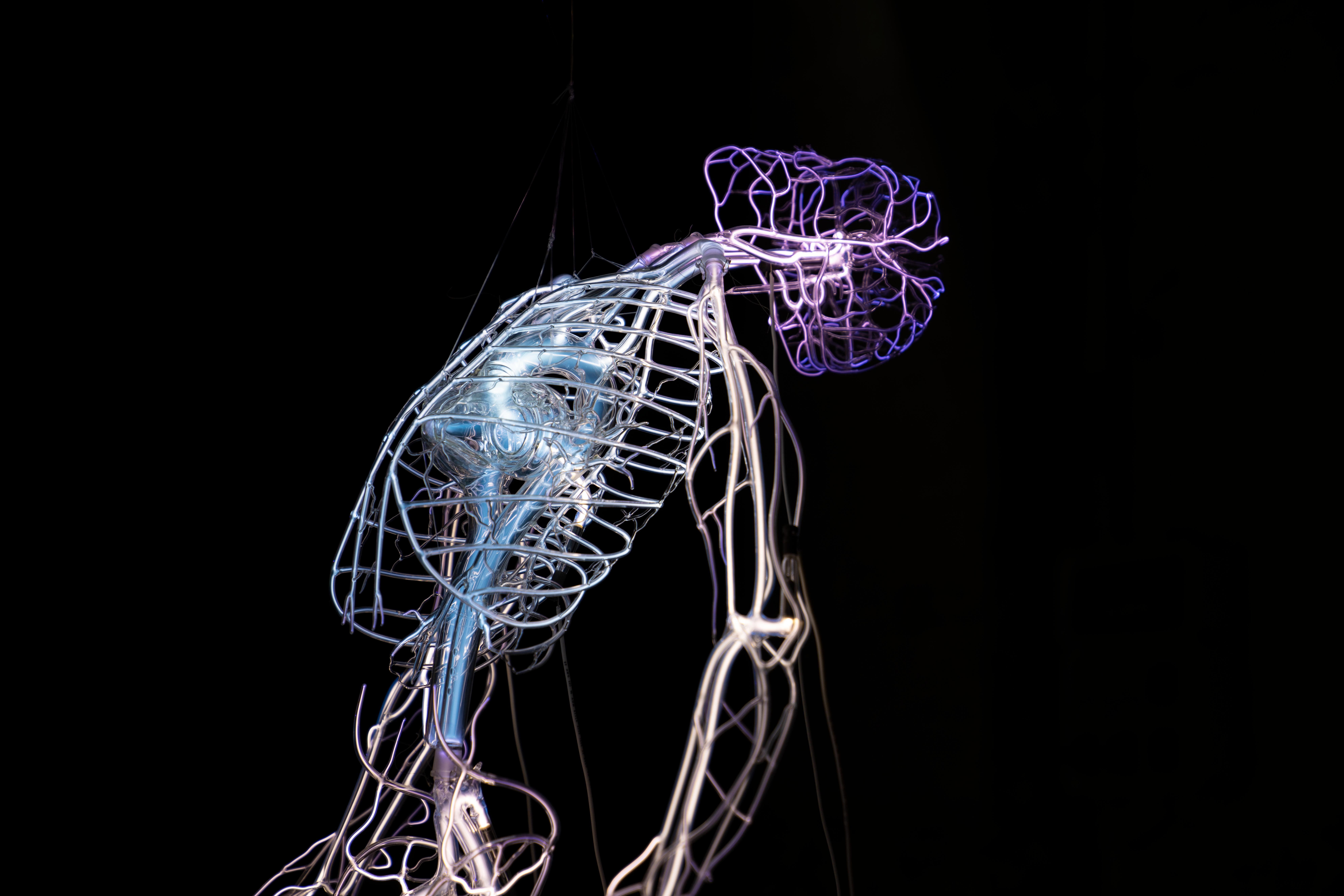 A suspended wire sculpture suggests a human torso and head, glowing with cool blue and violet light against a black background.