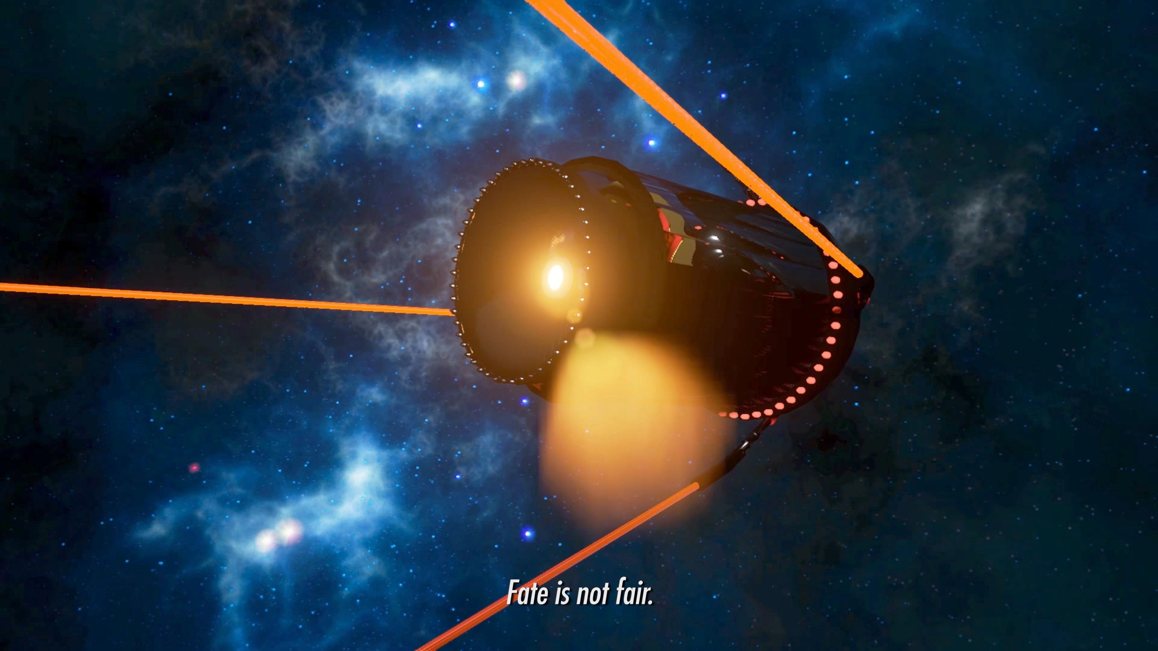 A film still from a film depicting a celestial view of a vibrant, electric blue galaxy with stars scattered across the sky, overlaid text reading "Fate is not fair".