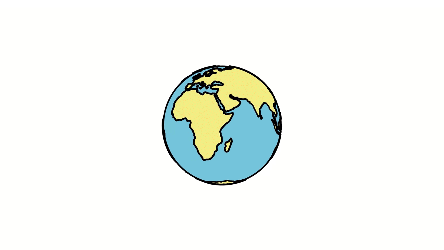An animated globe spins on its axis. Colored yellow and blue, the globe shifts and changes shape, becoming squashed, stretched, inverted and torn open, before returning  to its original round shape.