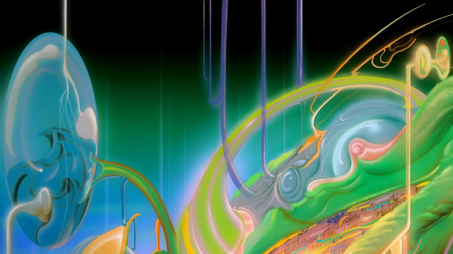 A colorful abstract painting with space themes, featuring liquid-like circles and patterns.