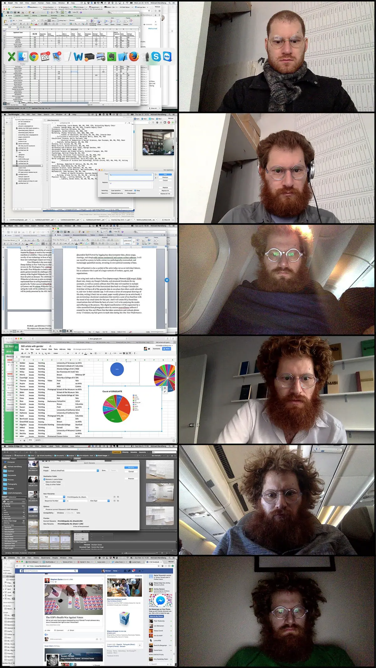 A two-column, six-row image; one column showcases evolving work screenshots, the other tracks a person's hair and beard growth.
