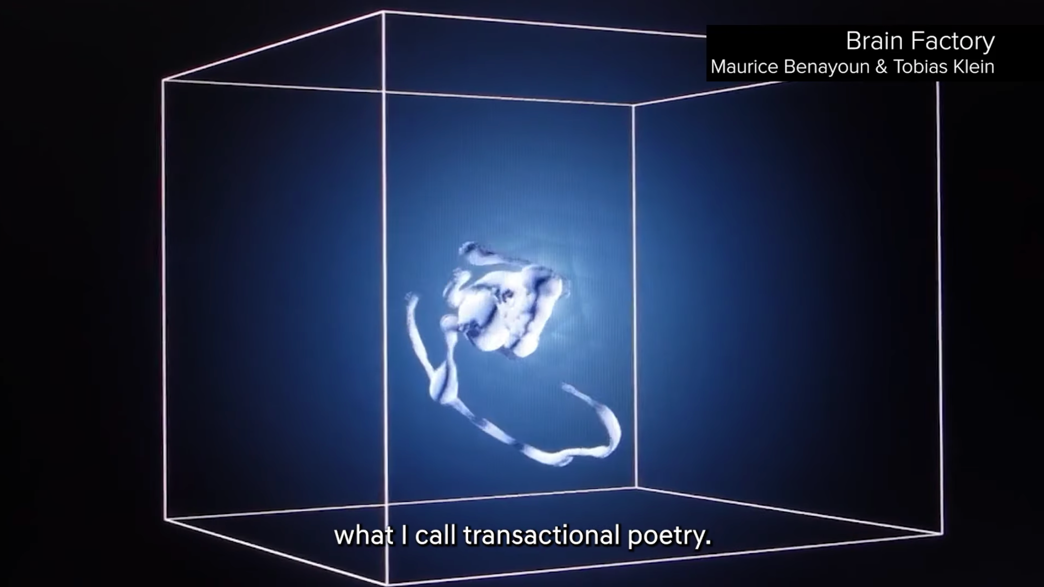 An abstract white, fetus-like shape sits in the center of a cube made from white lines. The cube floats against an intense...