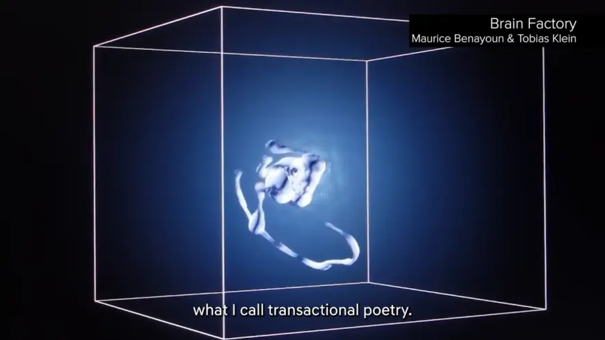 An abstract white, fetus-like shape sits in the center of a cube made from white lines. The cube floats against an intense...