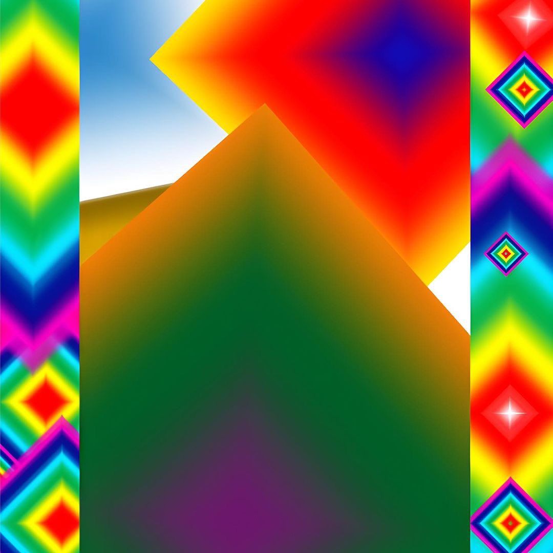 A vibrant abstract image featuring geometric shapes in gradient colors with multicolored diamond patterns on the borders.