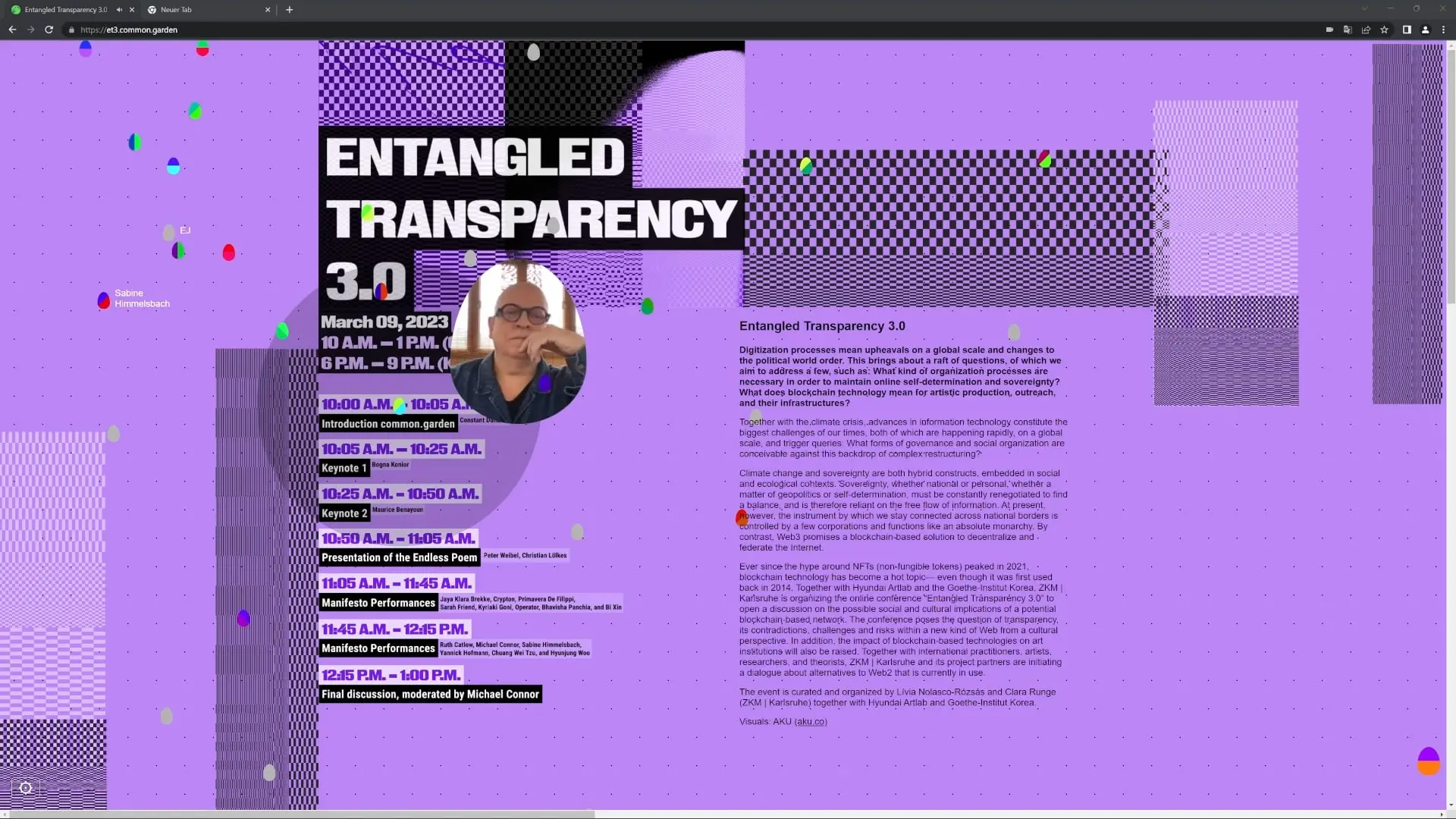 Screenshot of a vibrant event webpage with schedules, topics, and a portrait, in purple and black tones.