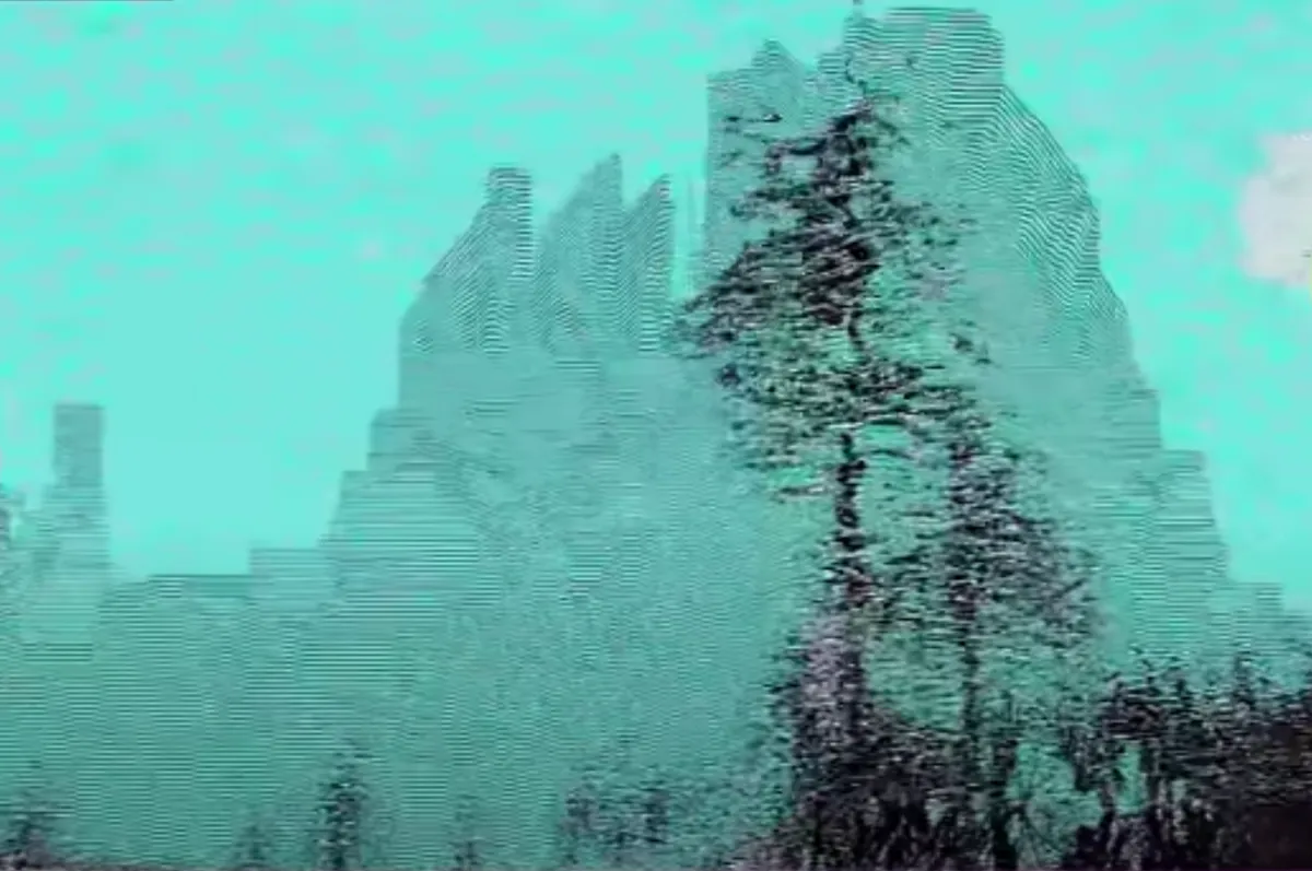 A cyan and black digitally distorted landscape featuring forms reminiscent of a rocky mountain and tree silhouettes.