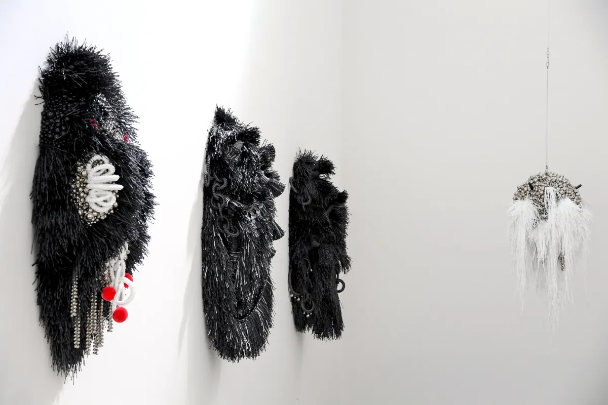 Four art pieces resembling furry forms are suspended on a wall: three are black and one is white, extending from the wall.