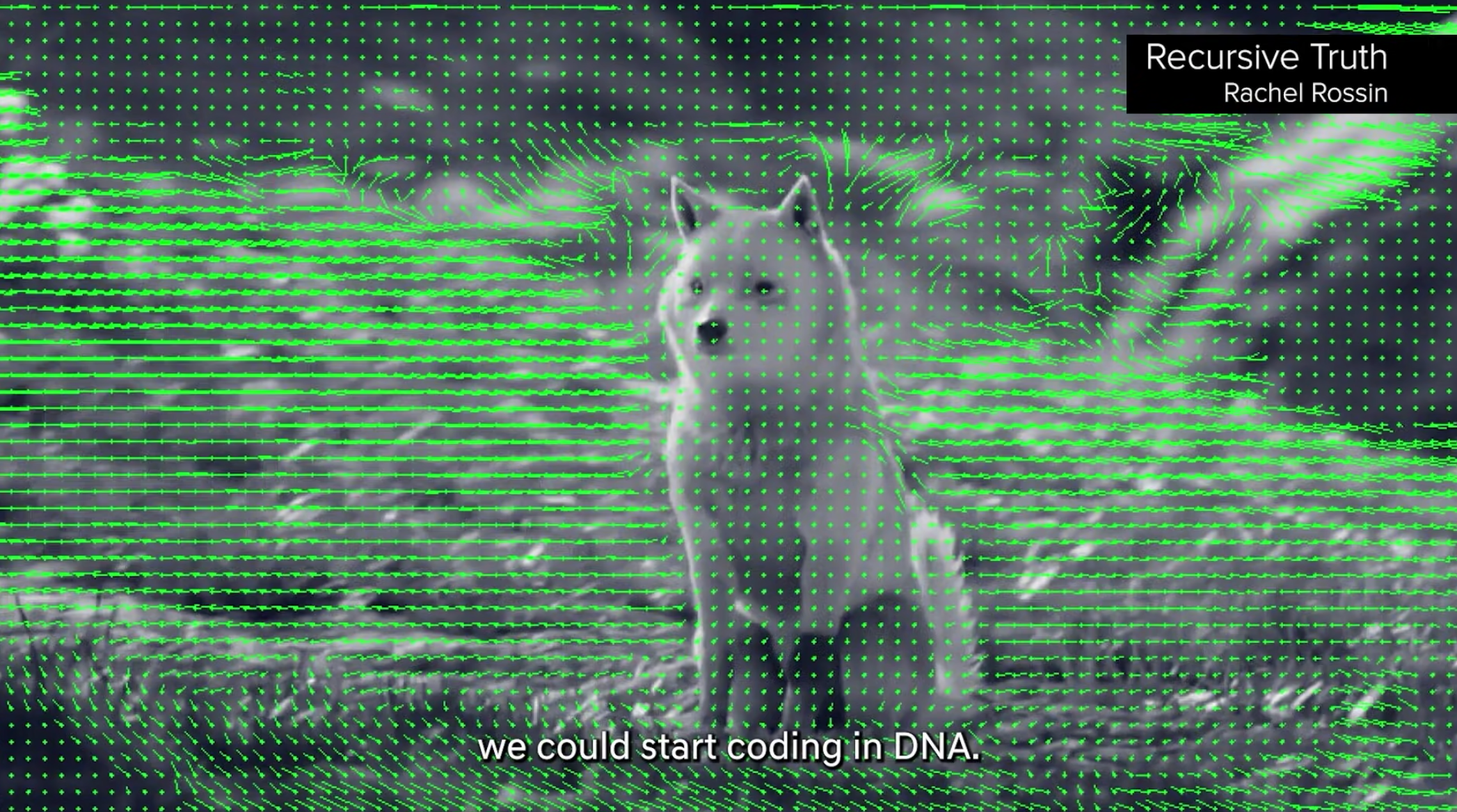 A digital art piece showing a white dog set against a natural backdrop, altered with green dots and lines. Text "Recursive...