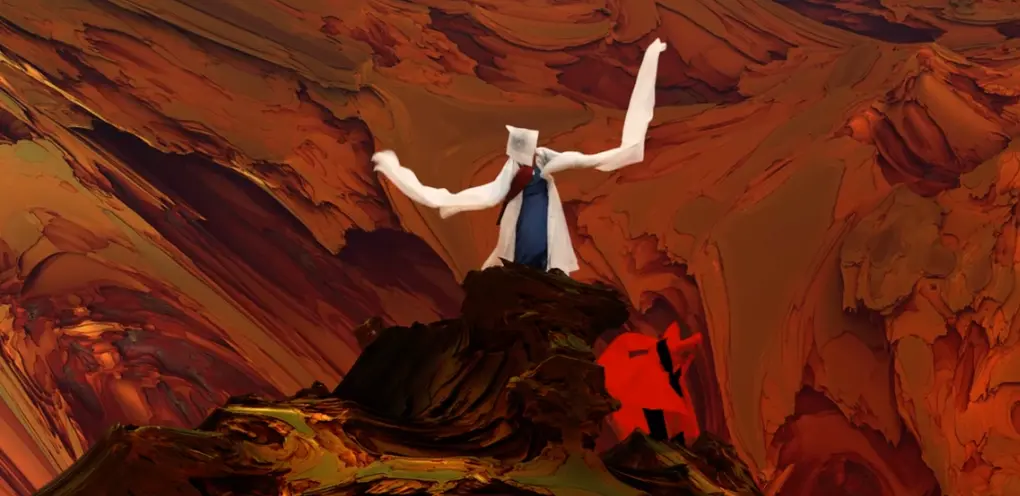 A stark white, abstract sculpture is centrally positioned against a backdrop of textured, rocky, orange terrain.