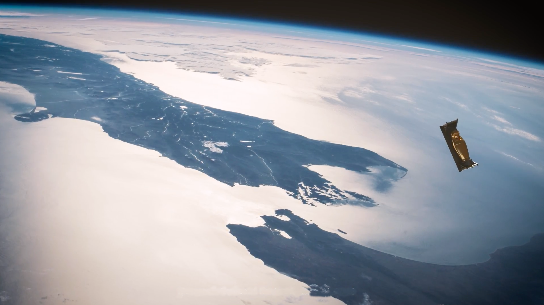 A detailed image of Earth from space with a satellite in orbit, part of "ENOCH" by Tavares Strachan, on display at LACMA's...