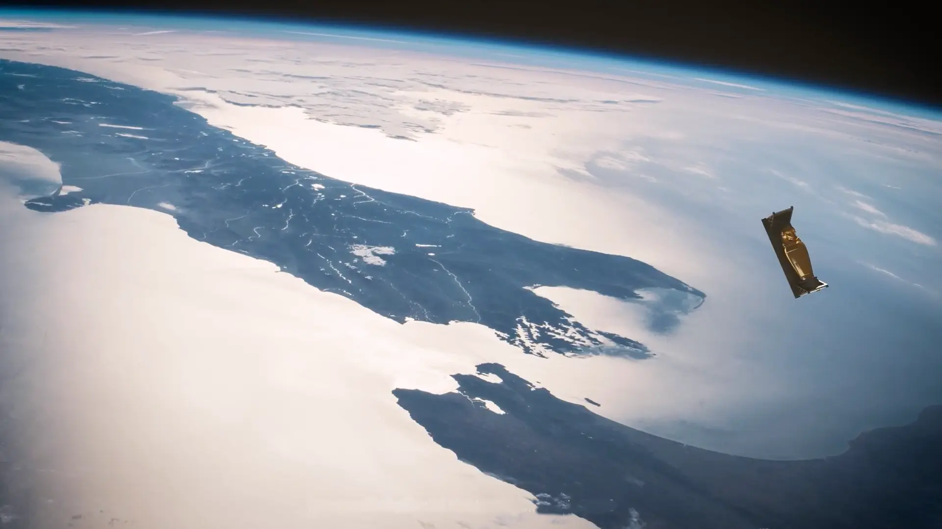 A detailed image of Earth from space with a satellite in orbit, part of "ENOCH" by Tavares Strachan, on display at LACMA's...
