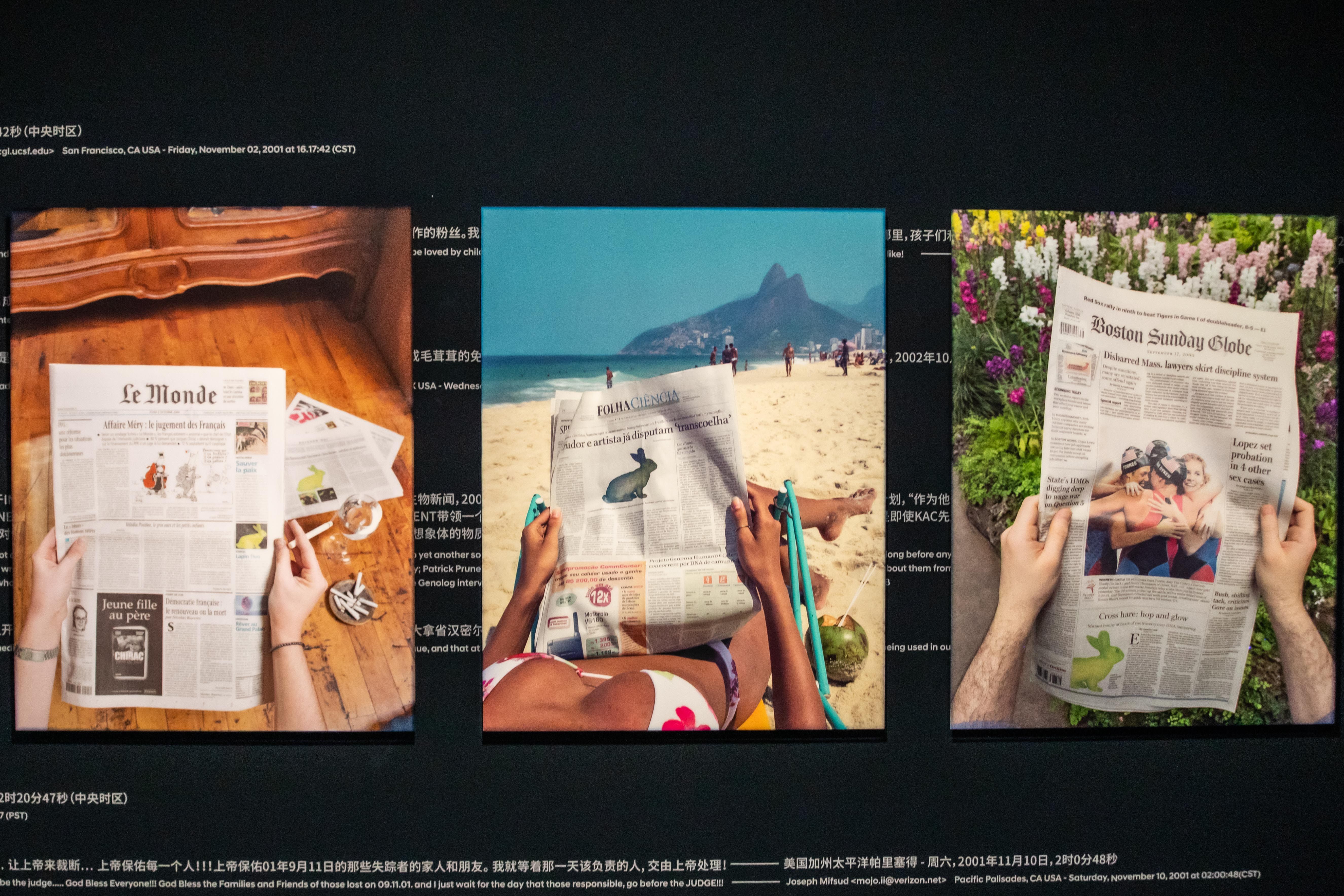 People reading newspapers with headlines mentioning genetic art.