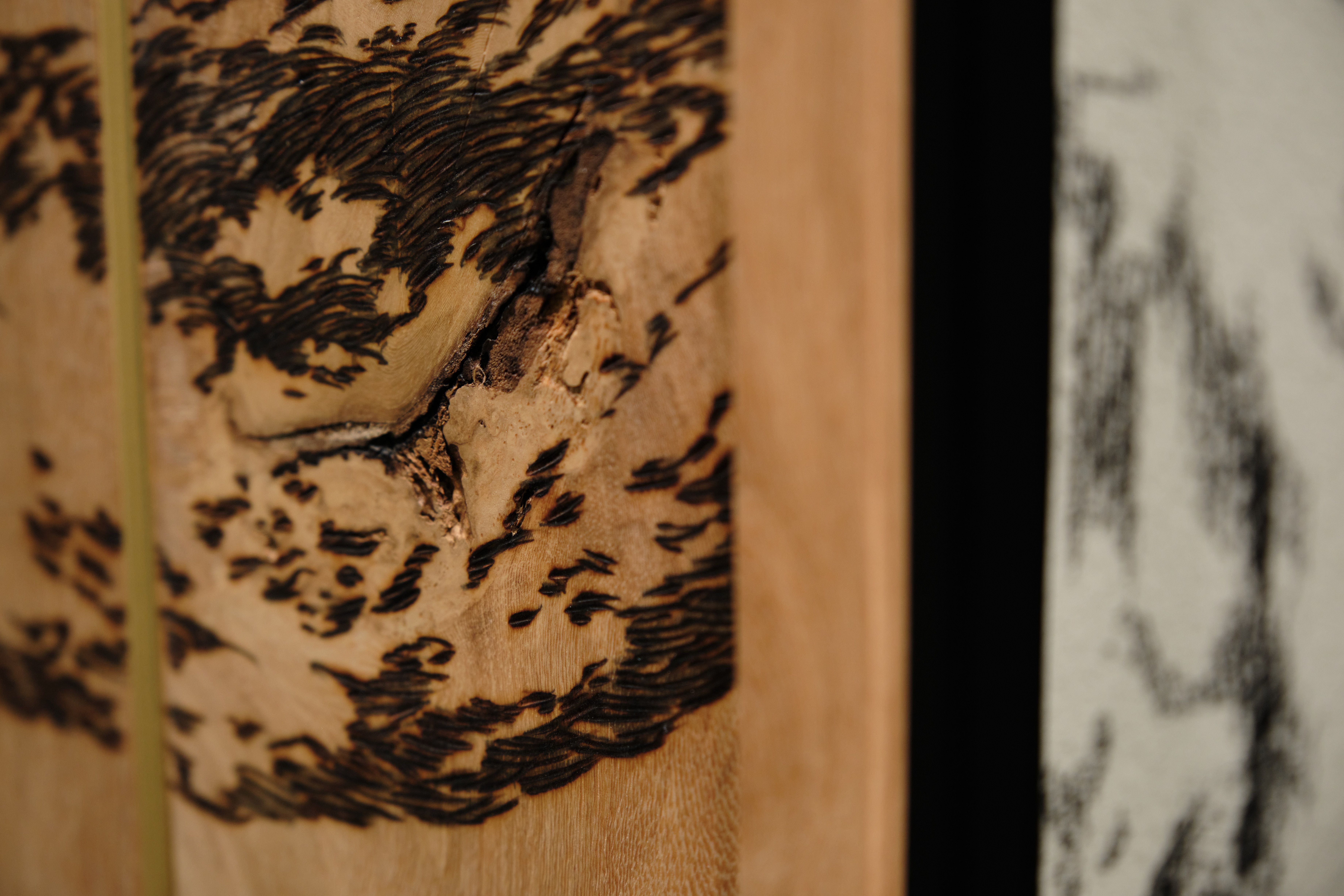 Close-up of a carved and burnt pattern on wood, mimicking tree bark or a branch.
