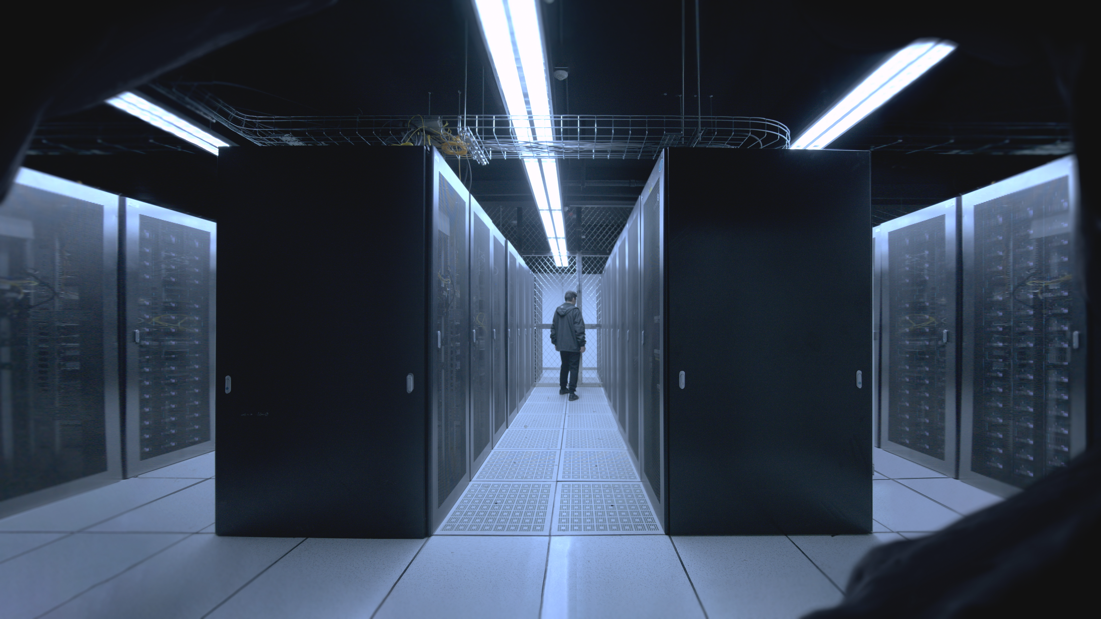 A maze-like installation composed of interconnected, brightly lit neon tubes of varying heights.