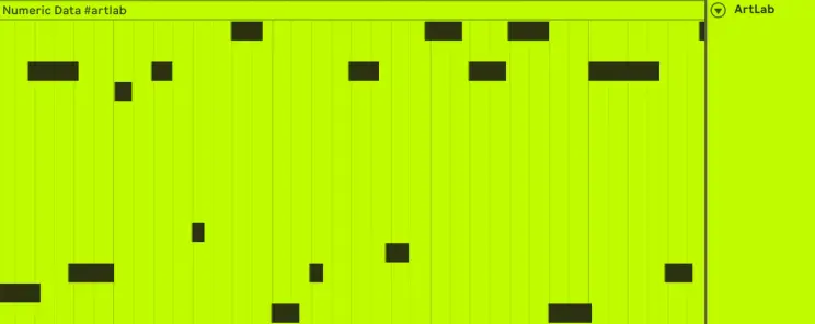 A green background features grids with interspersed black rectangles, representing a MIDI "Score" created by Ivana Dama. The text "Numeric data #artlab" is present.