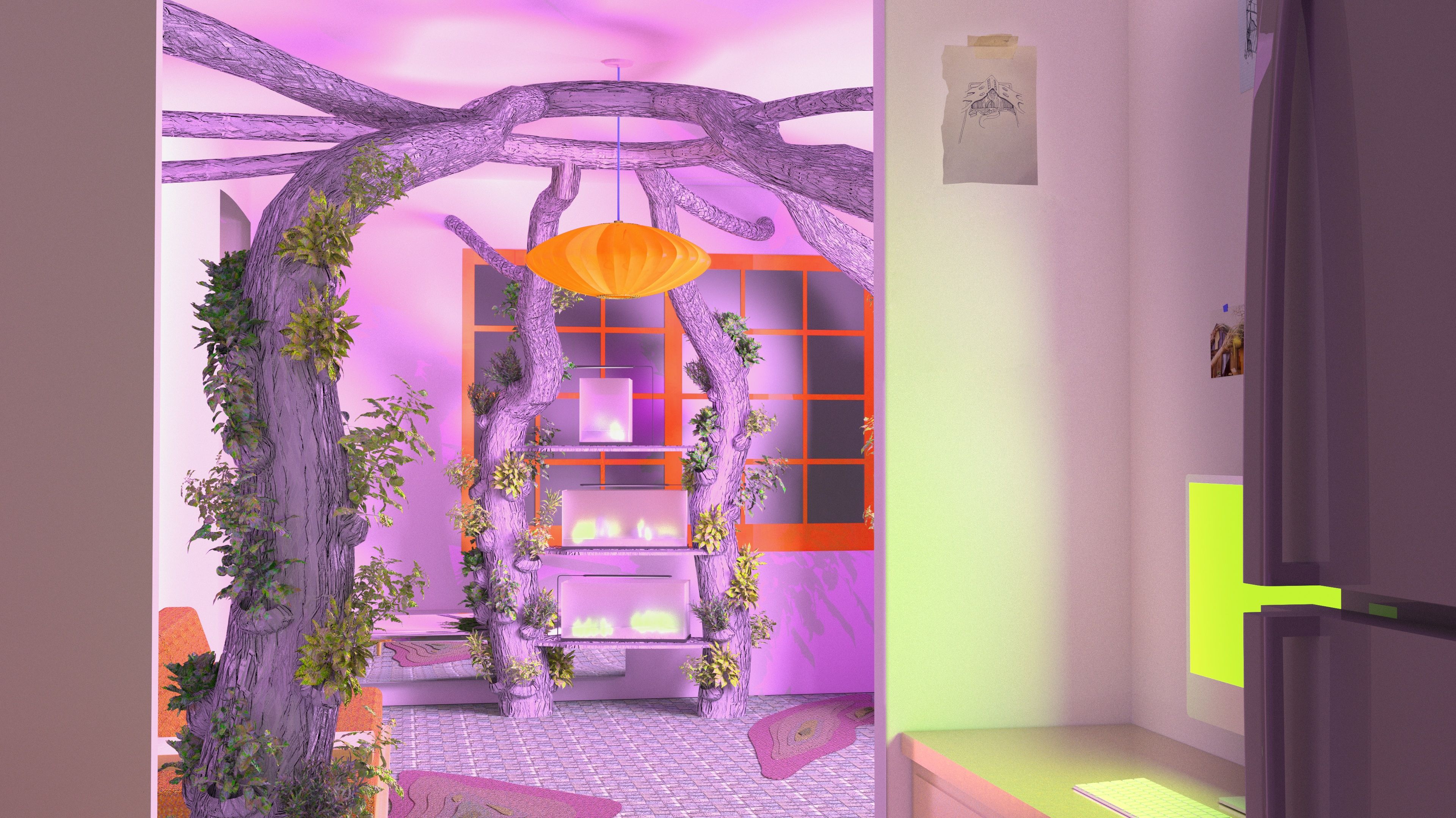 A whimsical interior with a large tree, orange accents, and an artistic, cozy ambiance.