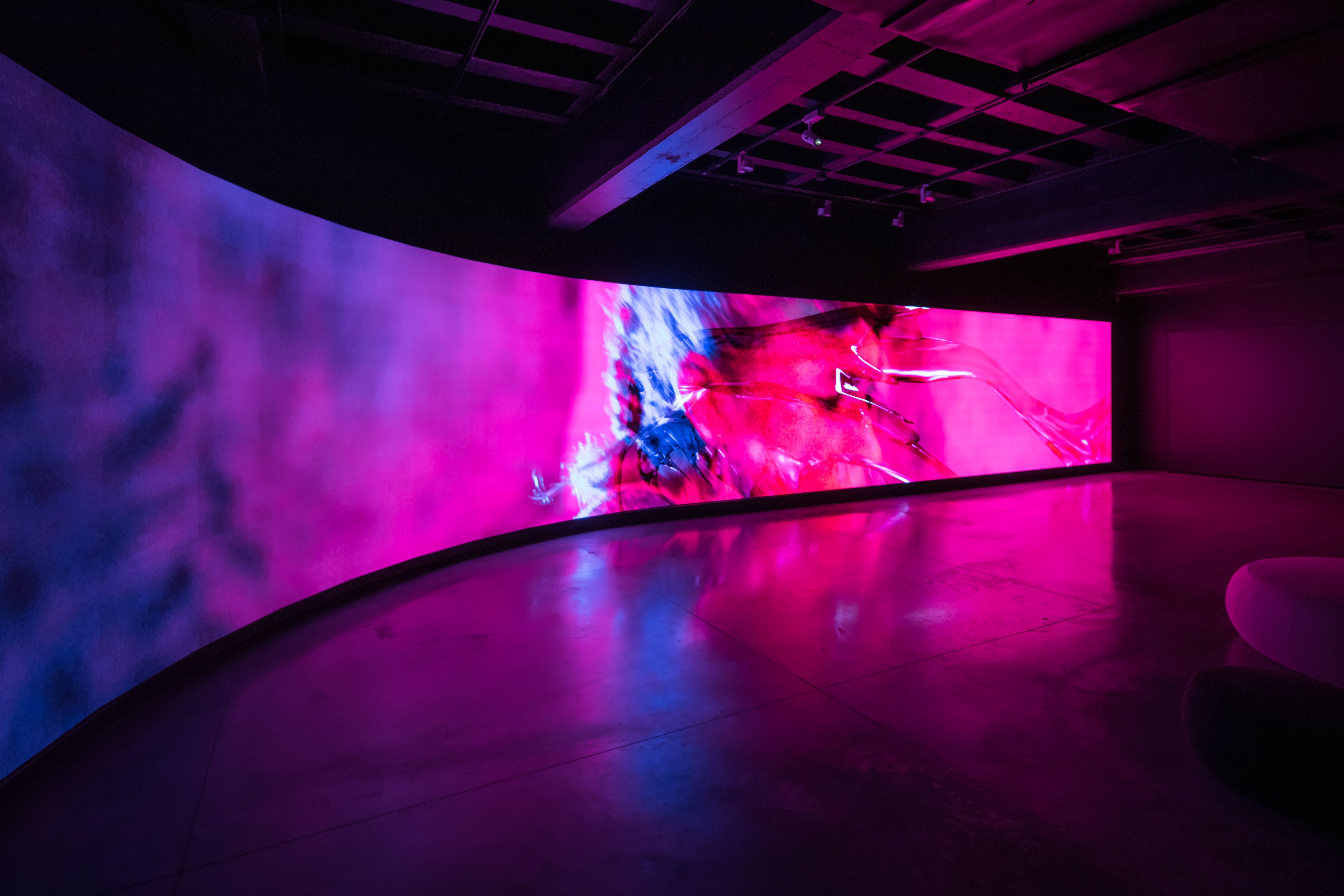 Curved wall displaying a large, vibrant digital art installation.