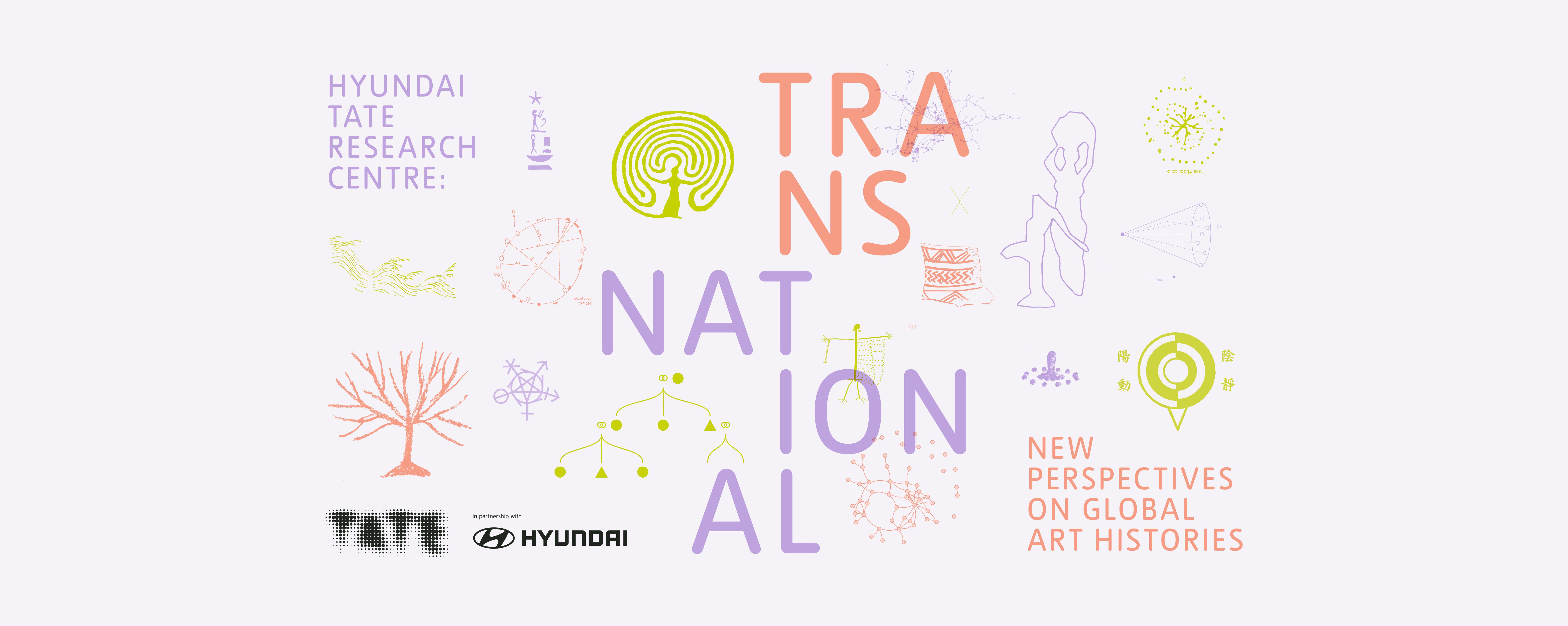 A colorful graphic featuring various map illustrations, overlaid with "Hyundai Tate Research Centre", "Transnational", and...