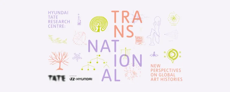 A colorful graphic featuring various map illustrations, overlaid with "Hyundai Tate Research Centre", "Transnational", and...