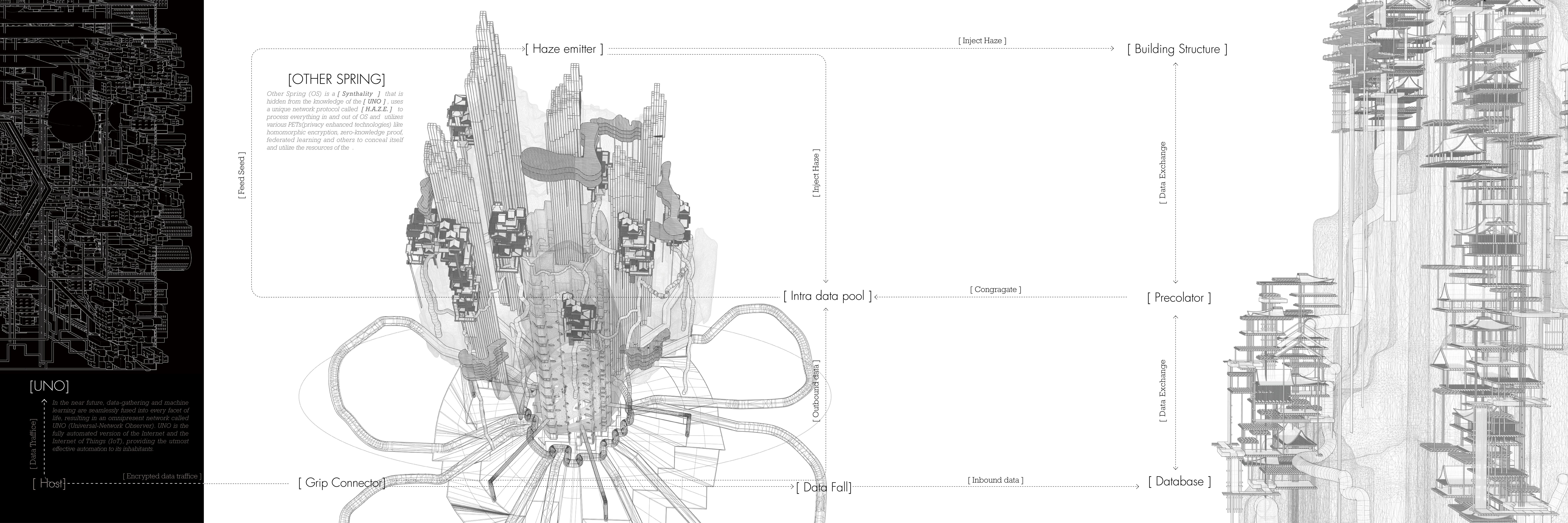 A black and white architectural sketch depicts a complex structure with various geometric elements and interconnected line...