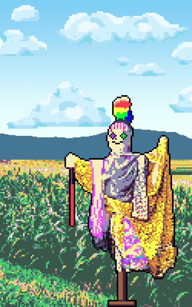 A screenshot of an animated scarecrow dressed in robes in a cornfield.
