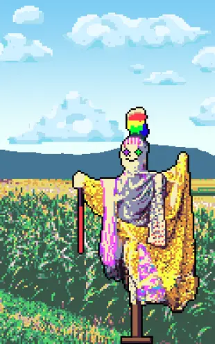 A screenshot of an animated scarecrow dressed in robes in a cornfield.